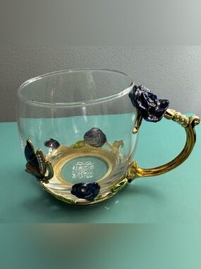 ARC Glass Blue Enamel Butterfly CoffeeMug Tea Cup Blue Rose Gold ToneHandle